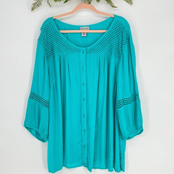 Catherines Tops - Catherines Button Up Top Plus Size 2X Green Bohemian Crinkle. Relaxed Fit Blouse